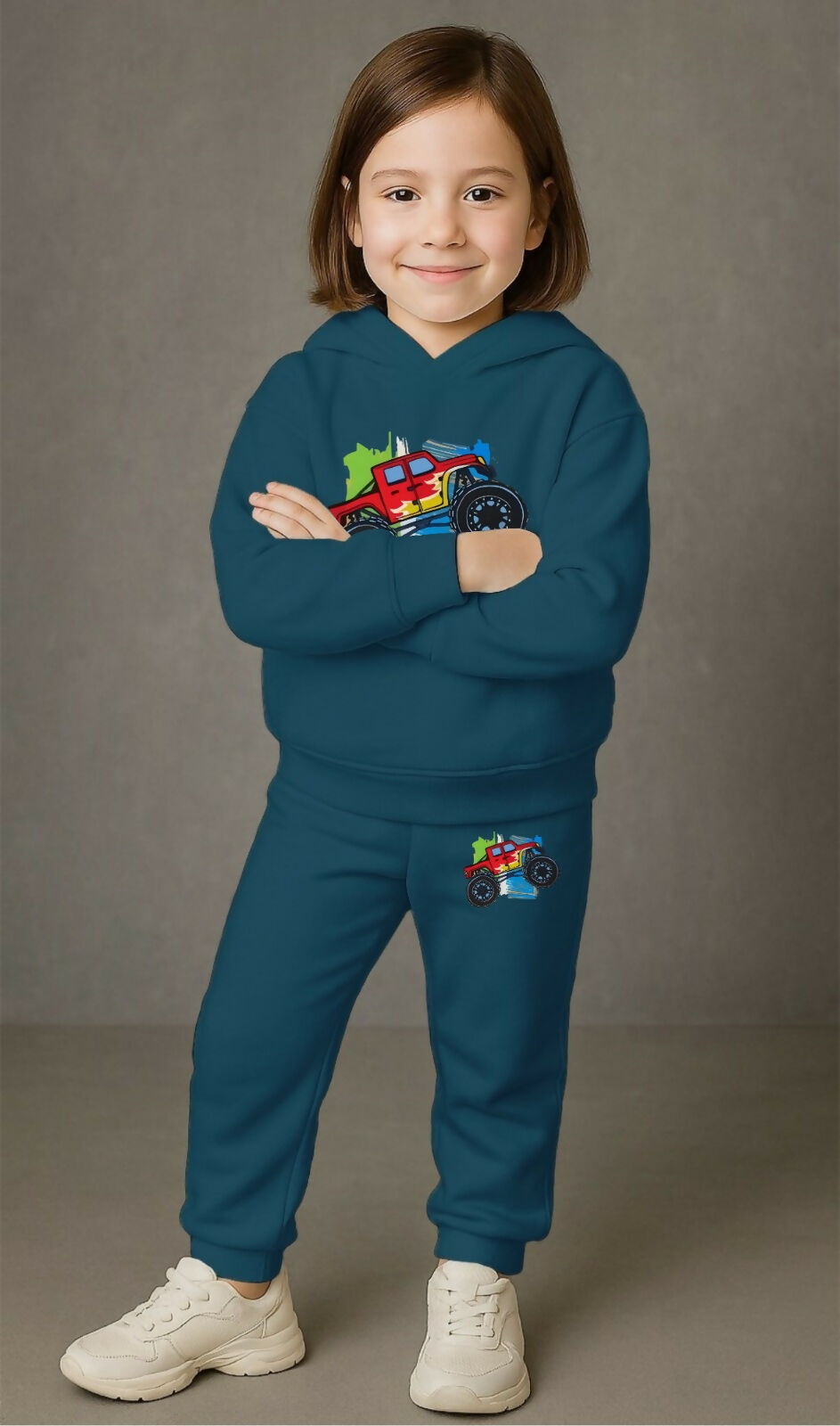 Girls' Teal Blue Cotton Hoodie & Jogger Set – Creative Graphic Printed Sportswear (Ages 0 Months to 7 Years) Luck Fashion