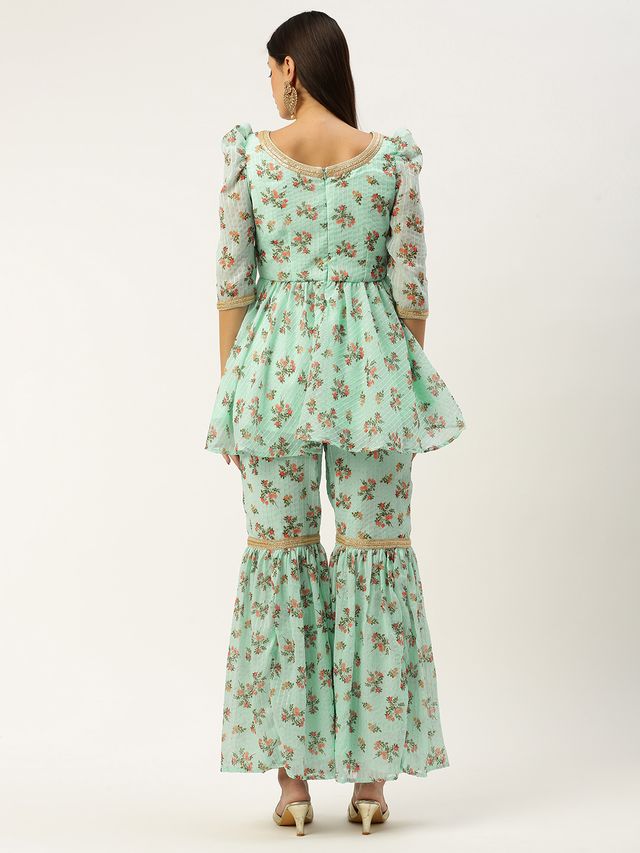Bollywood Vogue Ready To Wear Mint Green Digital Printed Embroidered Co Ords Set