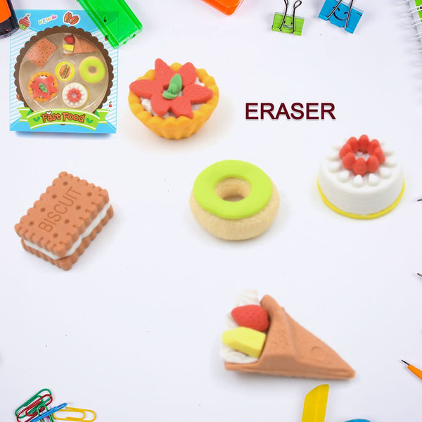 3D Fast Food Fancy Stylish Colorful Erasers Mini Eraser Creative Cute Novelty Eraser For Children Different Designs Eraser Set For Return Gift Birthday Party School Prize Fast Food Set Eraser ( 5 Pc Set )