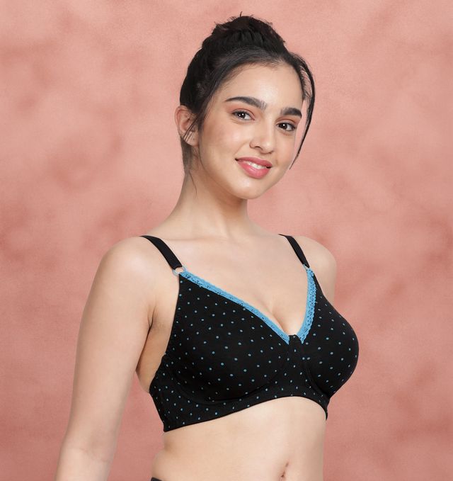 Susie 3/4th Coverage BlackBeauty Blue Polka Printed Adjustable, Non Detachable Non Padded wirefree Bra