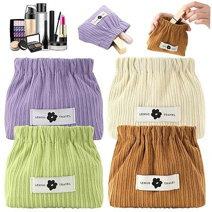 2 Pcs Mini Corduroy Makeup & Storage Pouch for Women Elastic Self-Closing Cosmetic Bag, Travel Handbag & Organizer – Multicolour