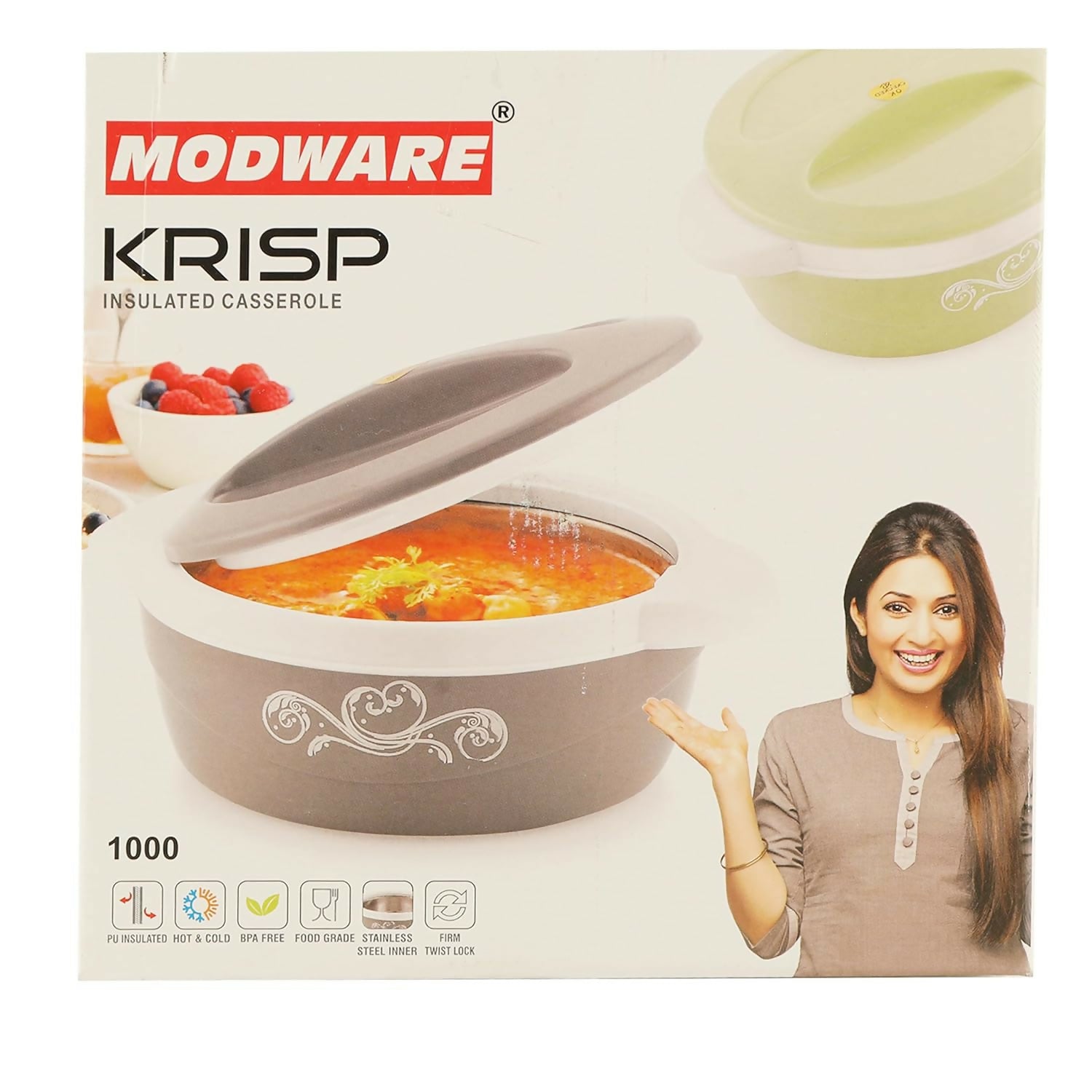 Modware KRISP Insulated Casserole (1000 ml) – Hot & Cold Food Storage, Stainless Steel Inner, BPA-Free, Twist Lock Lid