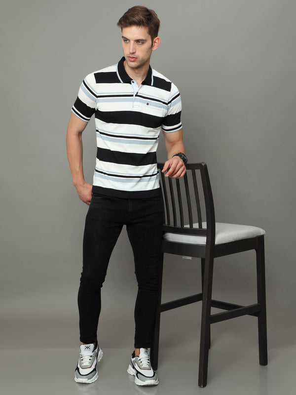 Men's White Black Regular Fit Stripe Half Sleeves Polo Neck T-Shirt