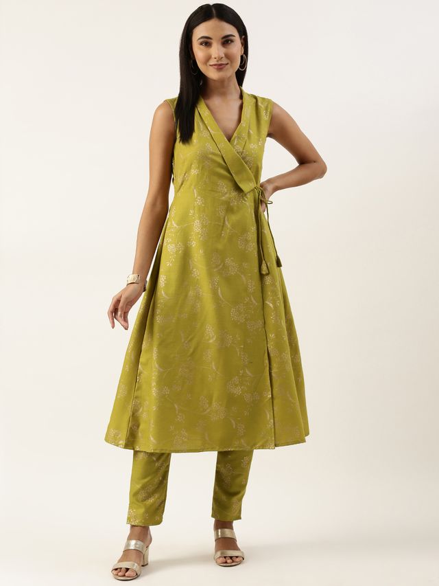 Bollywood Vogue Ready To Wear Olive Green Rayon Foil Print Kurta Set