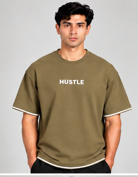 HUSTLE Men's Crew Neck Oversized Tees - Khaki