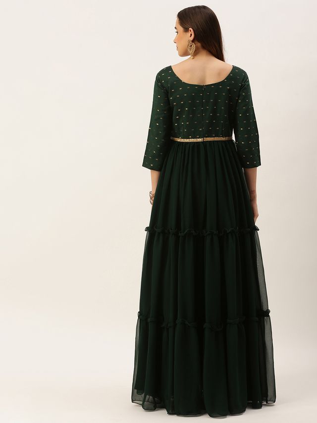 Bollywood Vogue Ready To Wear Teal Green Cotton Jacquard N Georgette Dress
