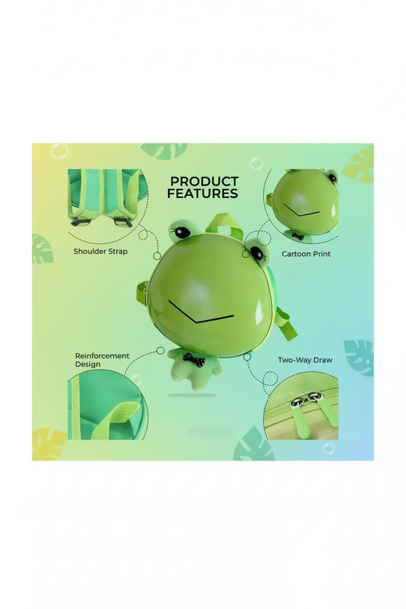 Adorable Frog-Themed Kids' Backpack - Light Green SUPER