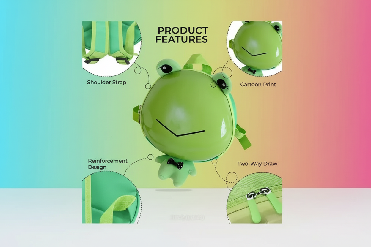 Adorable Frog-Themed Kids' Backpack - Light Green SUPER