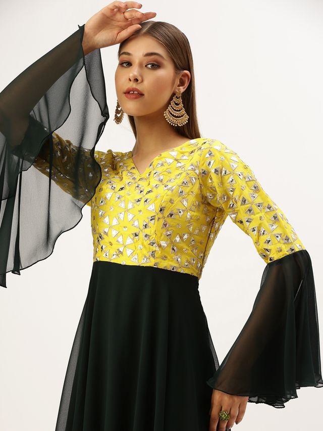 Bollywood Vogue Ready To Wear Yellow N Green Bell Sleeves Embroidered Gown