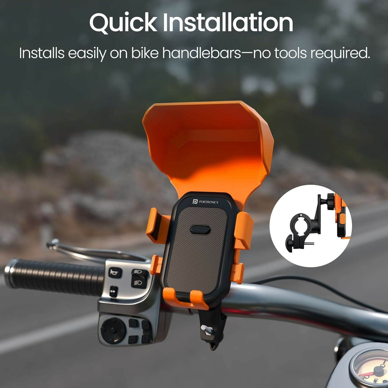 Portronics Mobike 4 Plus Handlebar Mobile Holder with Sunshade & Rain Protection, 360° Rotation, One-Press Release, 4-Point Grip Lock, Fits 5.4–6.7 Inch Smartphones for Bike Maps & Navigation Halfpe Deals