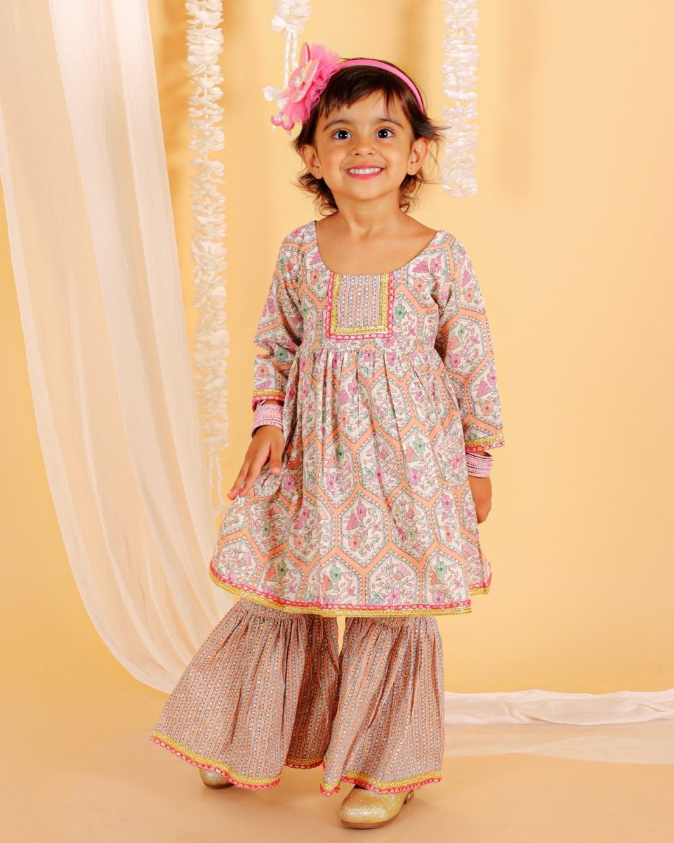 Pastel Peach Girls Anarkali Kurta Sharara Set - KES-SC-PPG-0-6