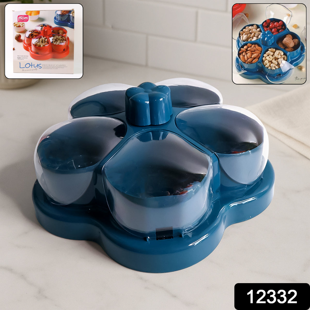 Lotus Shape Rotating Dry Fruit & Snack Organizer Box with Compartments – Multi-Section Candy Nut Storage Container with Lid (1 Pc)