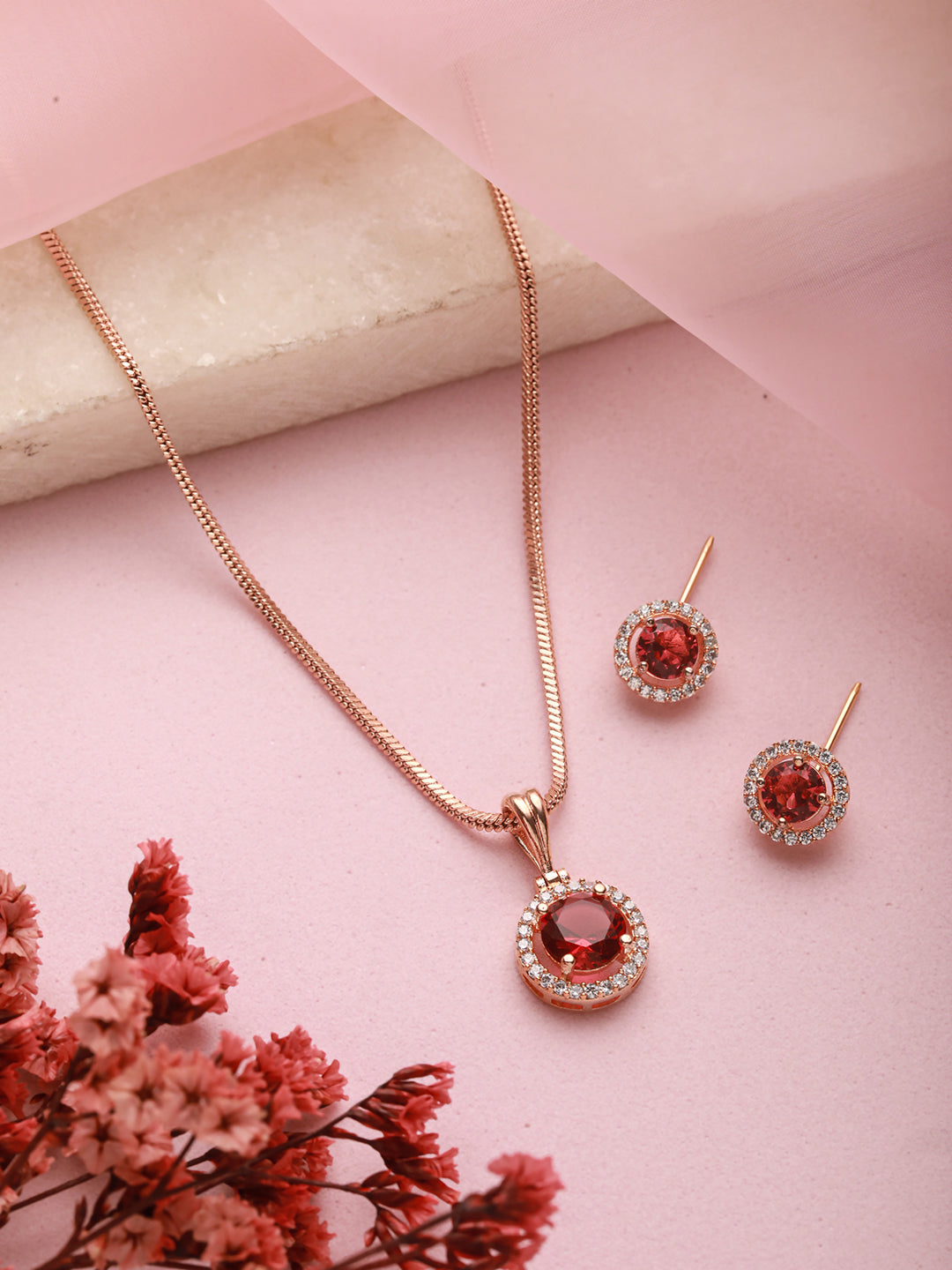 Jazz And Sizzle Rose Gold Plated Marron American Diamond-Studded Pendent Jewelry Set