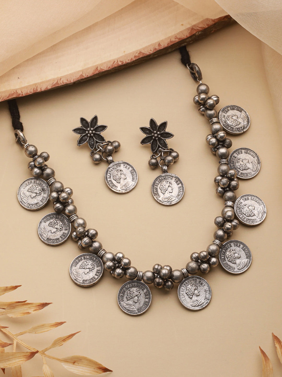 Jazz And Sizzle Oxidized Silver-Plated Coin & Beaded Jewellery Set