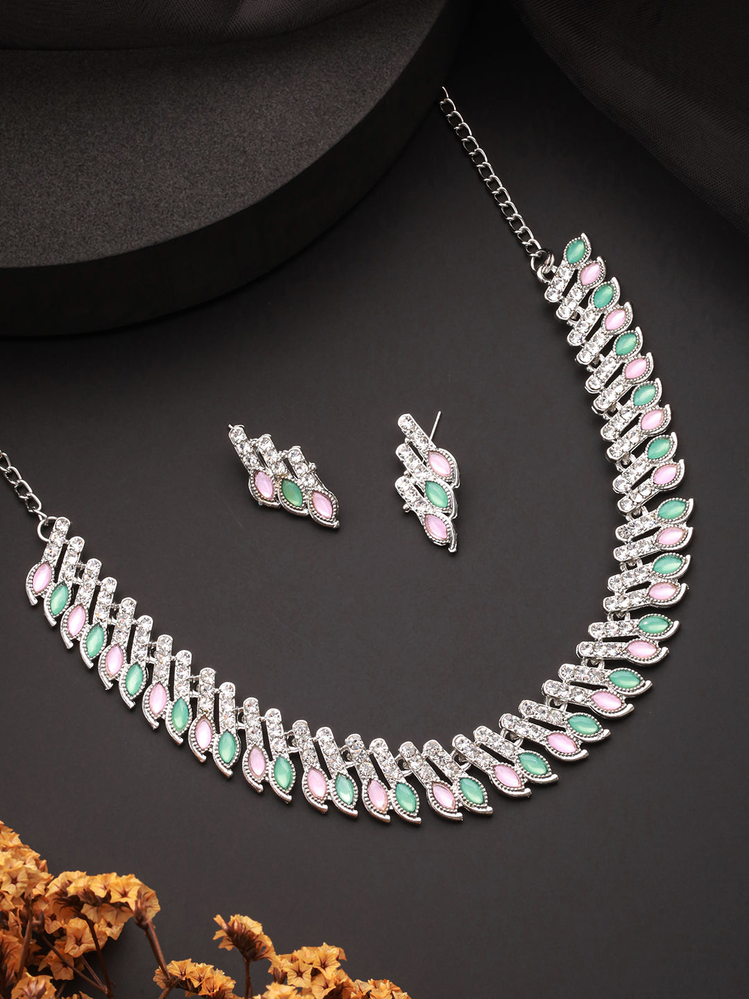 Silver-Plated Mint Green & Pink Stone & Cz Studded Jewelry Set