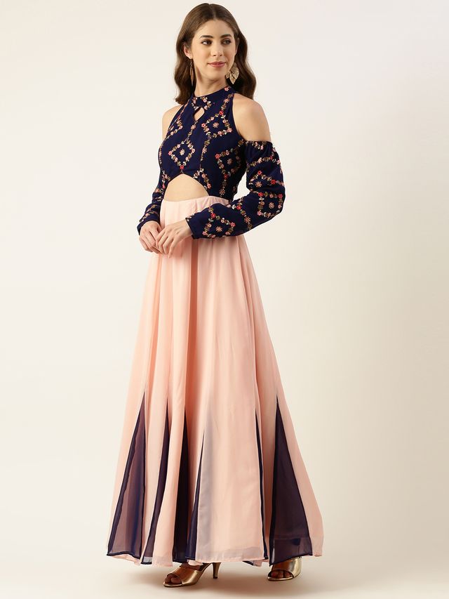 Bollywood Vogue Ready To Wear Royal Blue N Peach Georgette Embroidered Gown