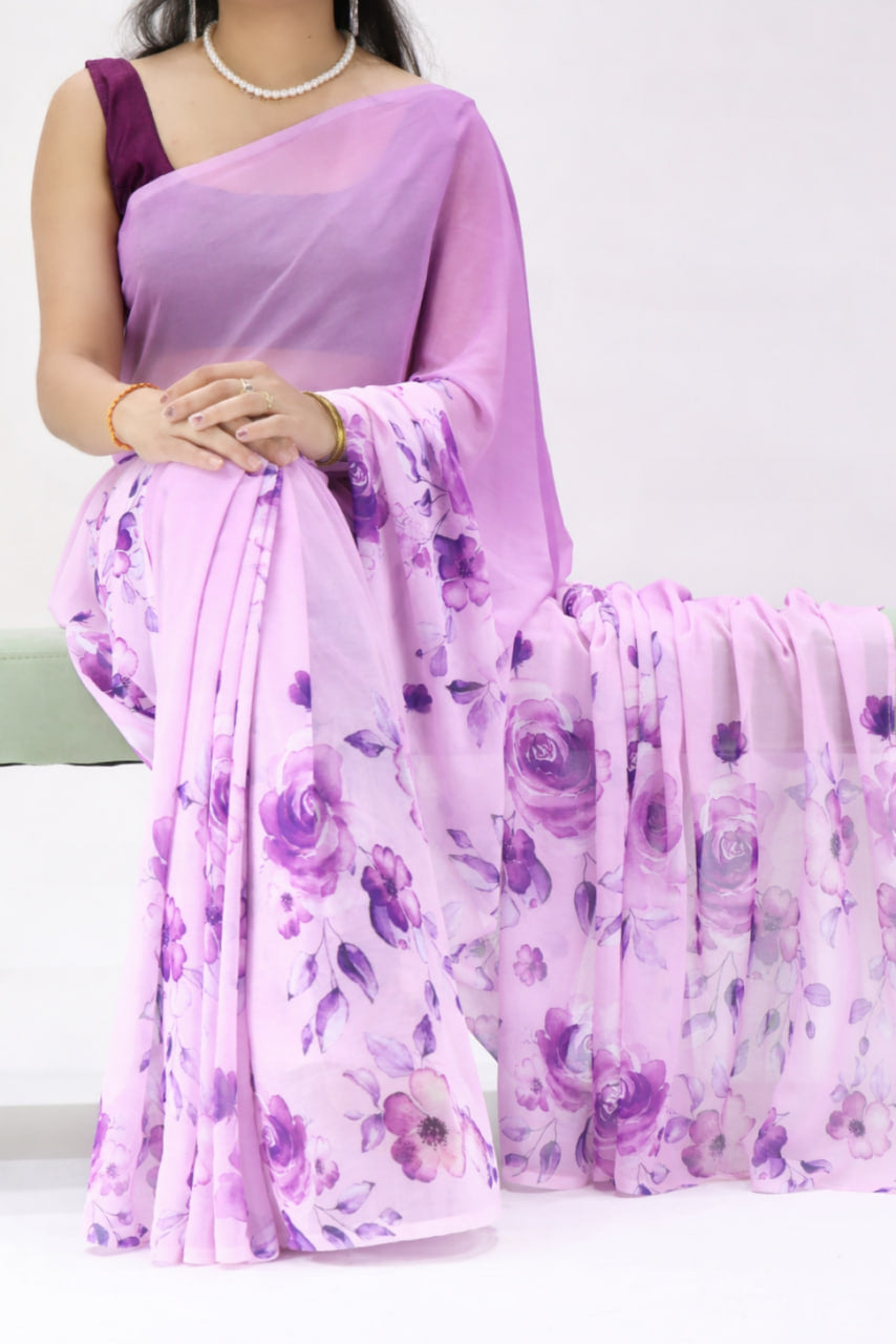 All Over Floral Printed Weightless Saree With Unstitched Blouse