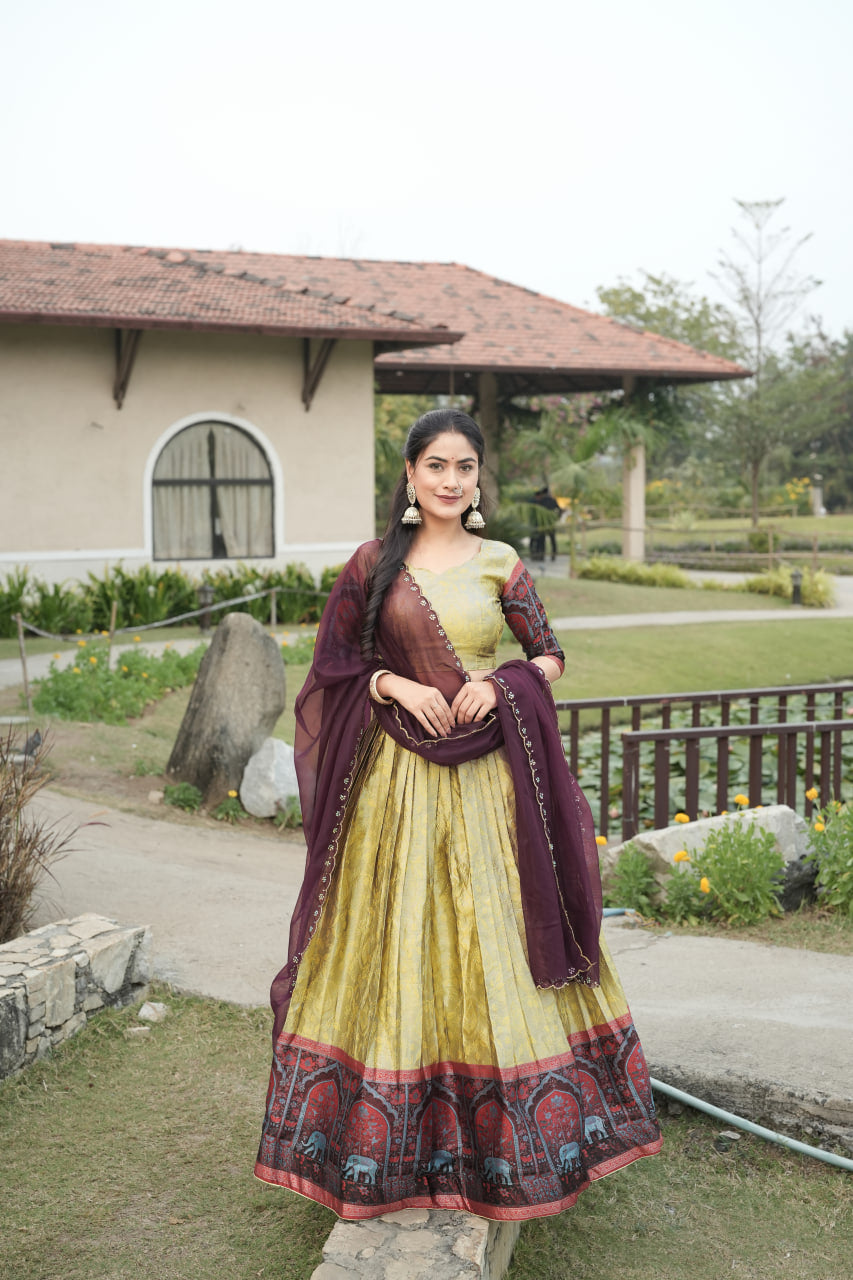 Cream Color Woven Design Lehenga Choli With Dupatta