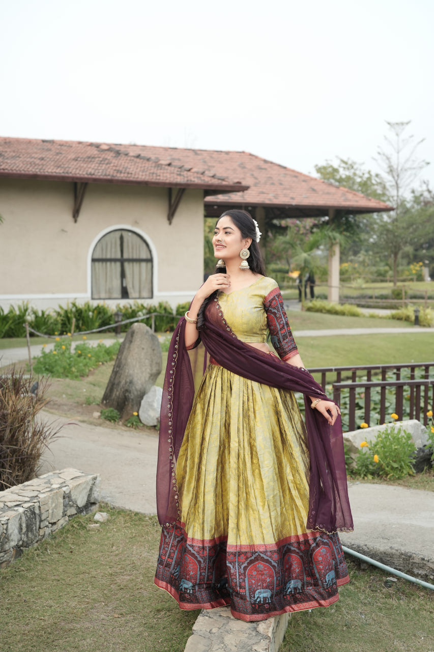 Cream Color Woven Design Lehenga Choli With Dupatta