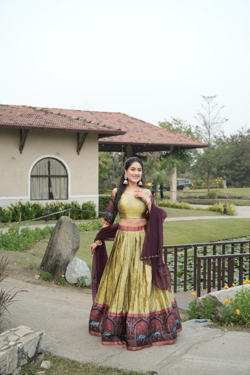 Cream Color Woven Design Lehenga Choli With Dupatta