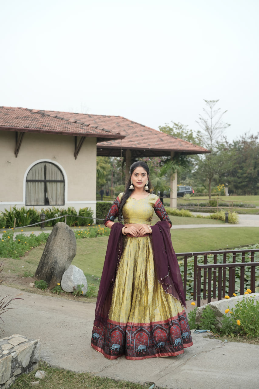 Cream Color Woven Design Lehenga Choli With Dupatta