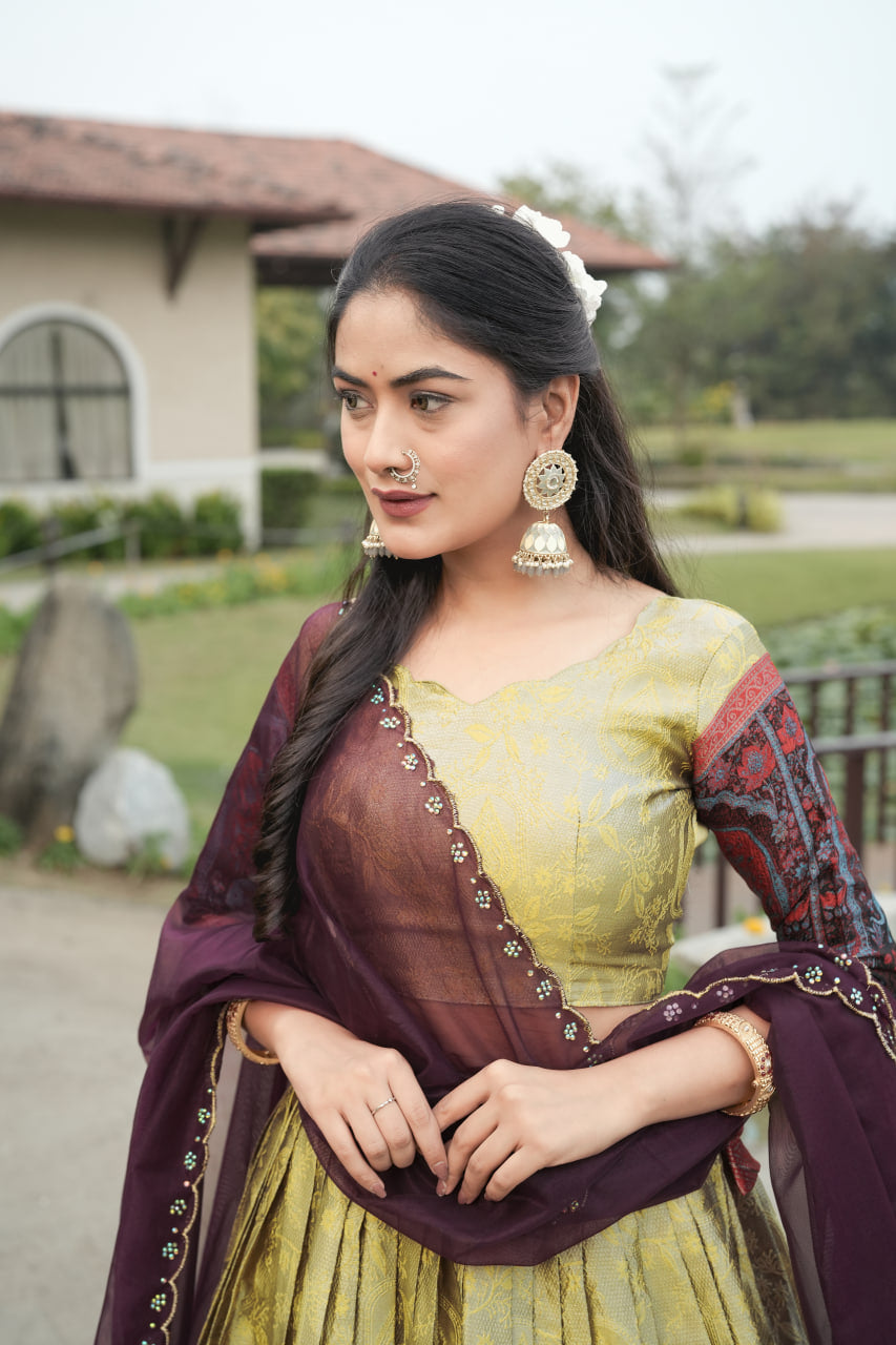 Cream Color Woven Design Lehenga Choli With Dupatta