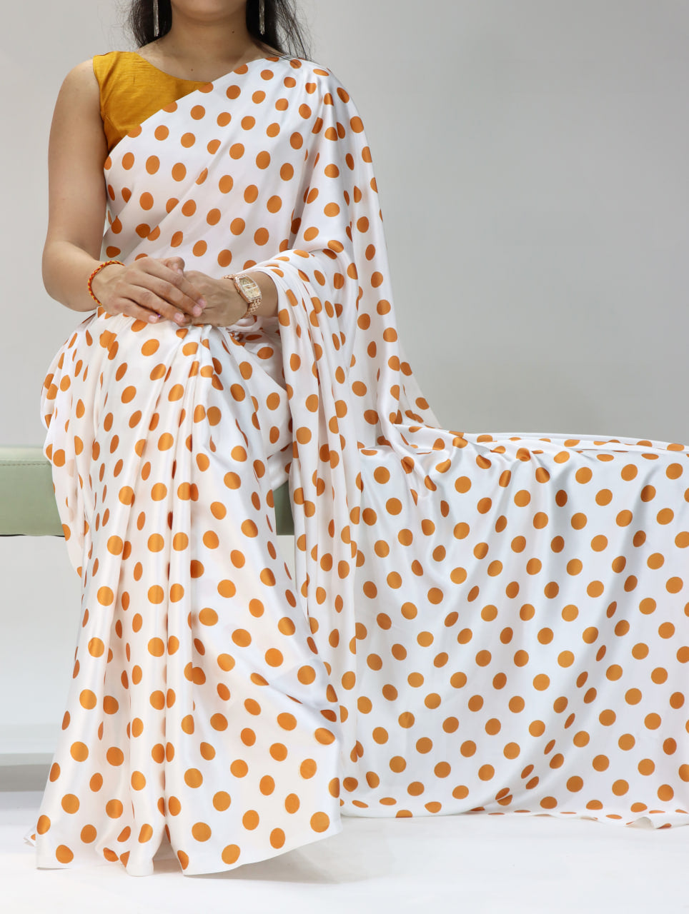 Pure Japan Satin Sarees in Polka Dot prints With Plain Blouse