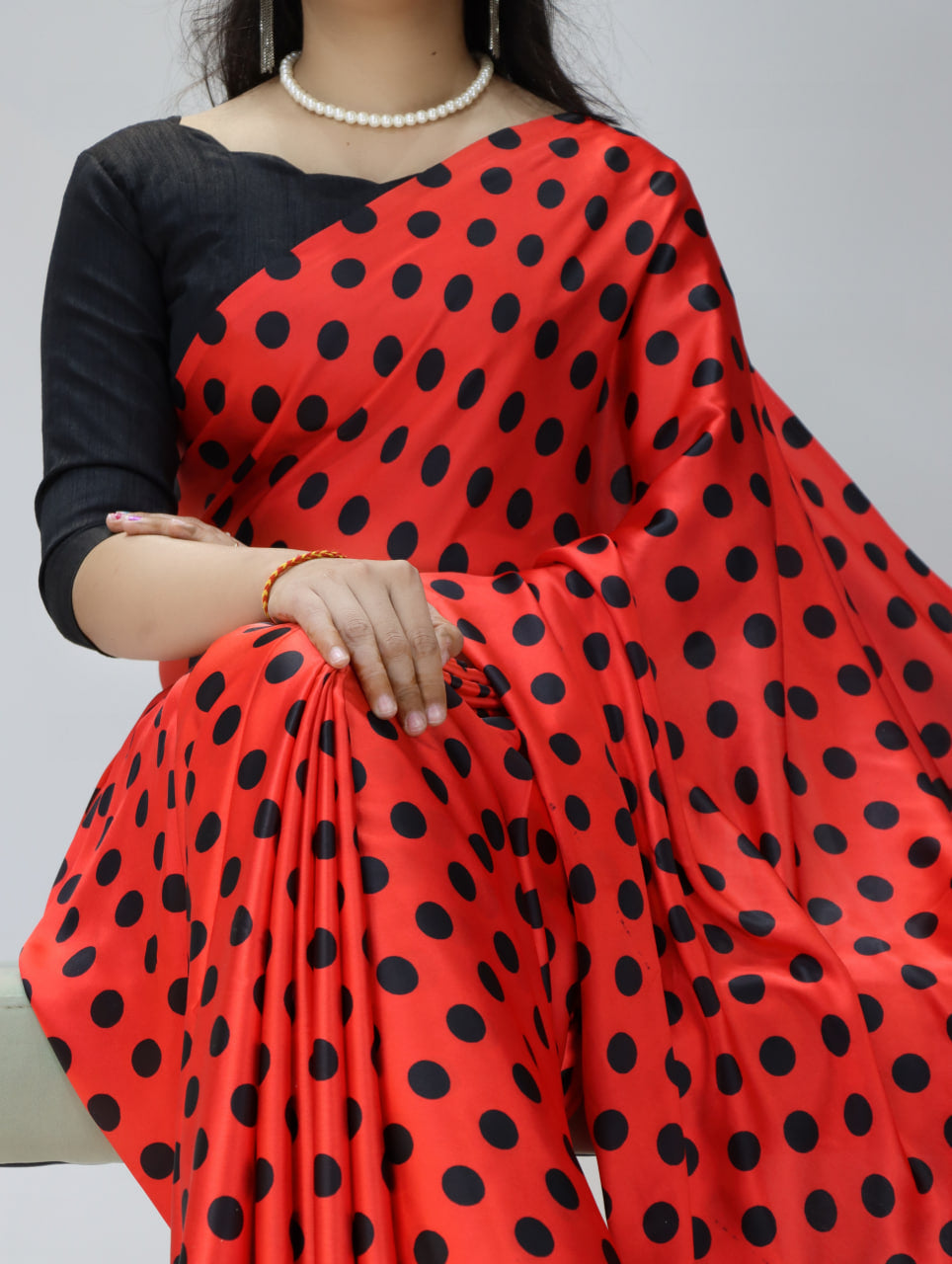 Pure Japan Satin Sarees in Polka Dot prints With Plain Blouse