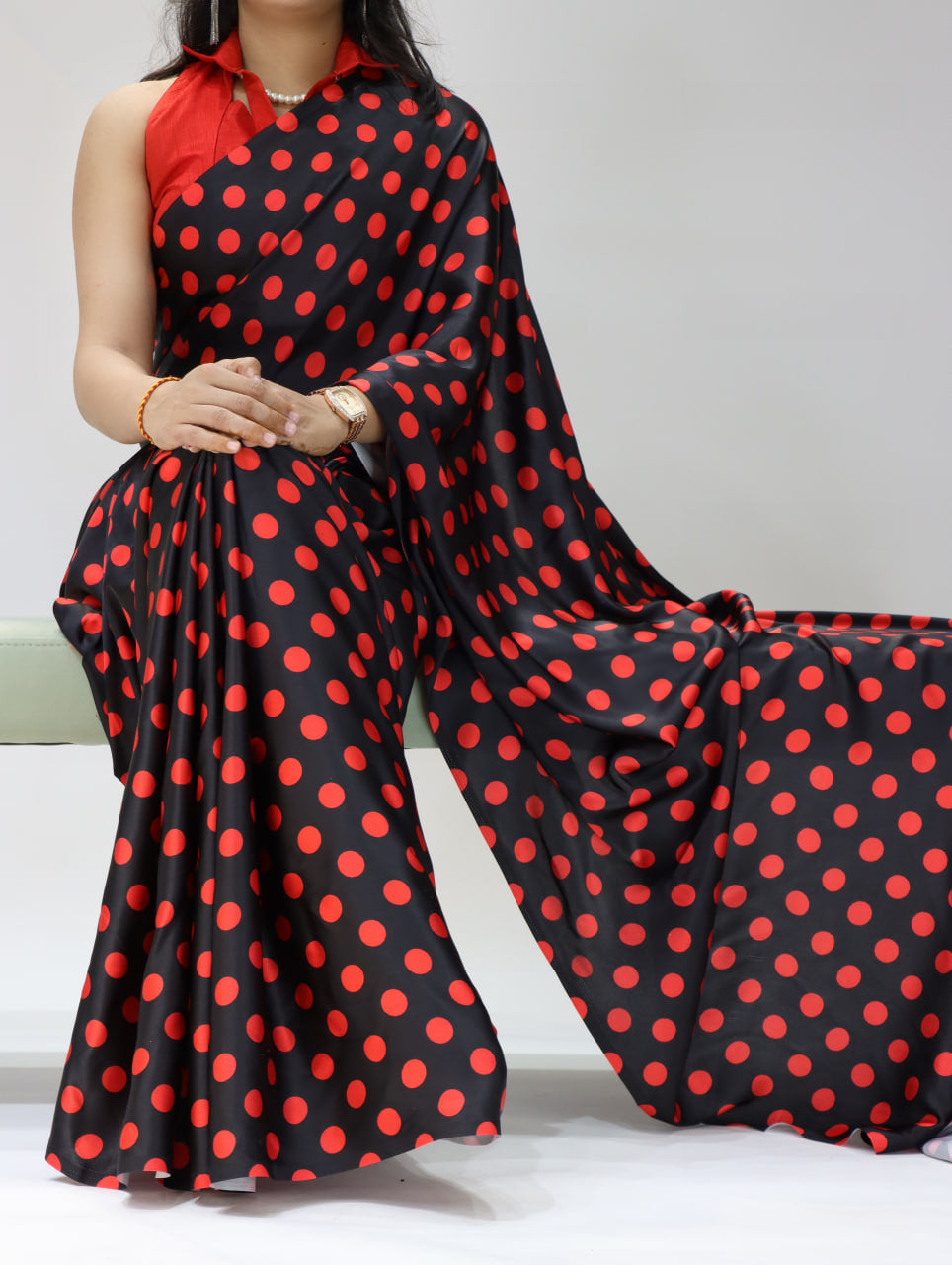 Pure Japan Satin Sarees in Polka Dot prints With Plain Blouse