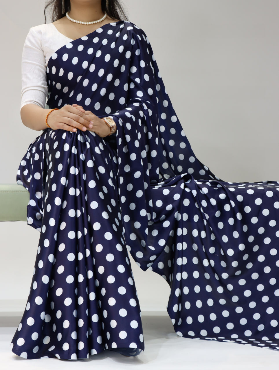 Pure Japan Satin Sarees in Polka Dot prints With Plain Blouse