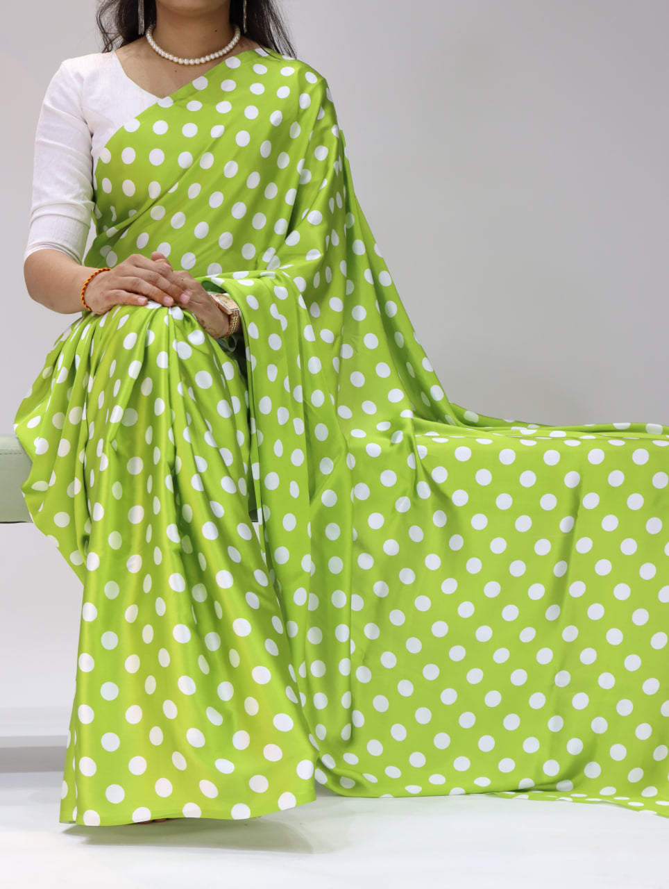 Pure Japan Satin Sarees in Polka Dot prints With Plain Blouse