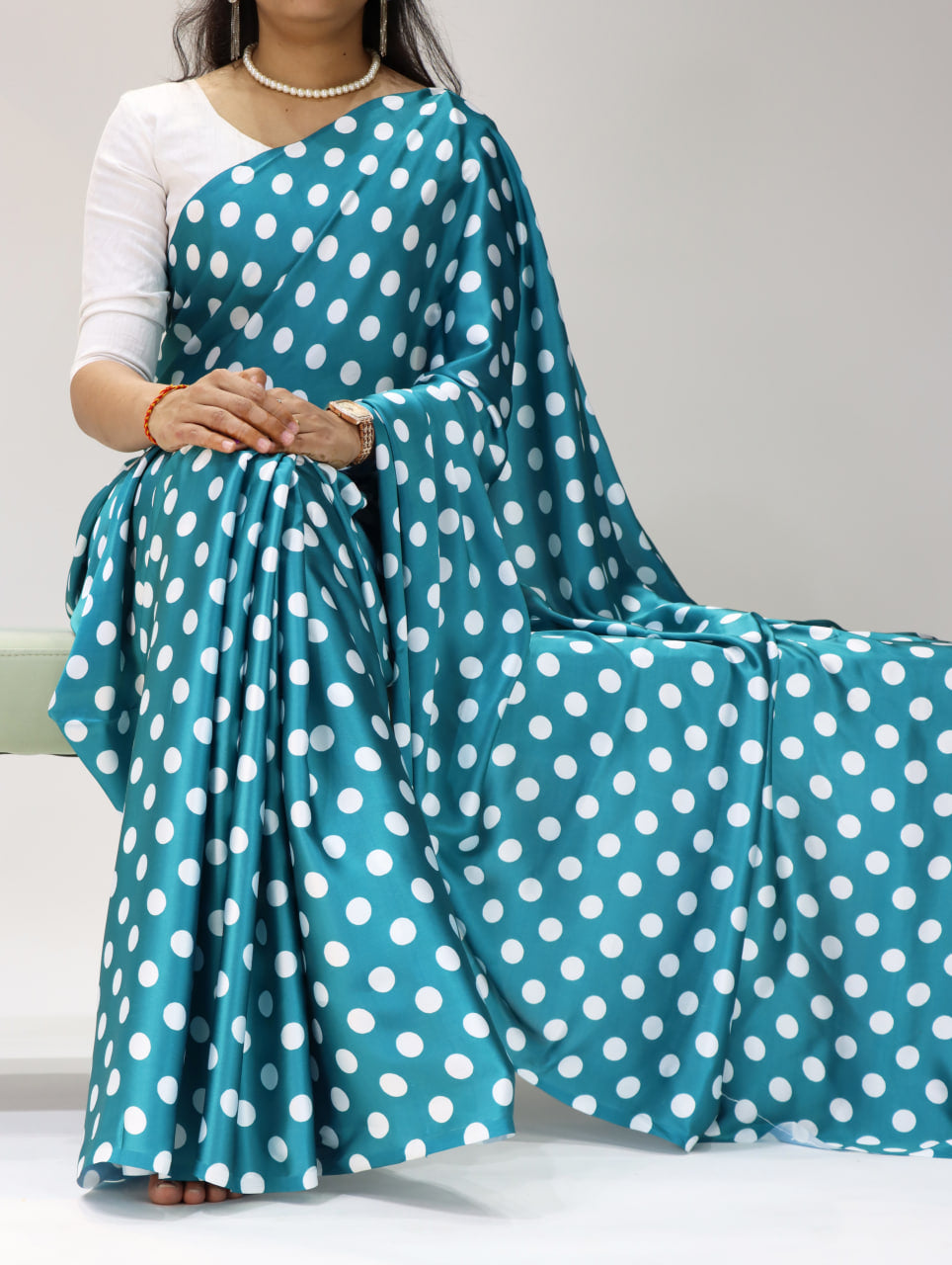 Pure Japan Satin Sarees in Polka Dot prints With Plain Blouse