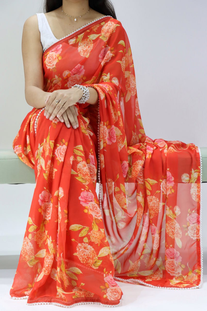 Weightless Printed Saree With Pearl Lace Border