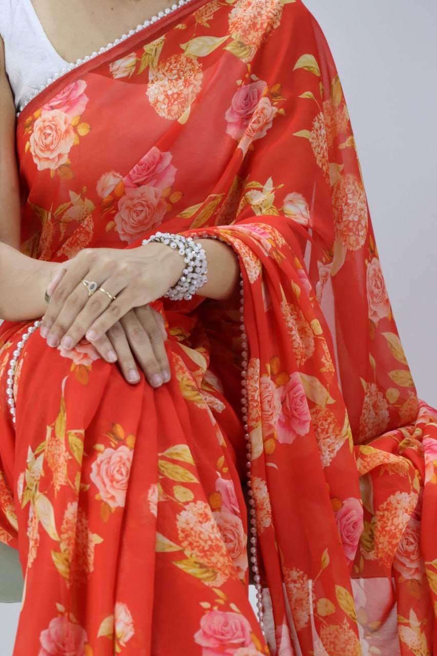 Weightless Printed Saree With Pearl Lace Border