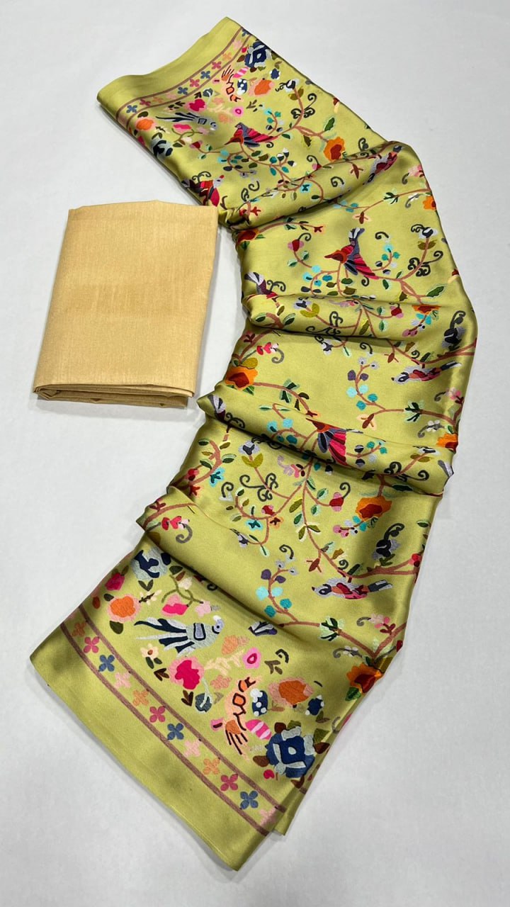 Floral and Birds Designs Heavy Satin Sarees With Plain Blouse