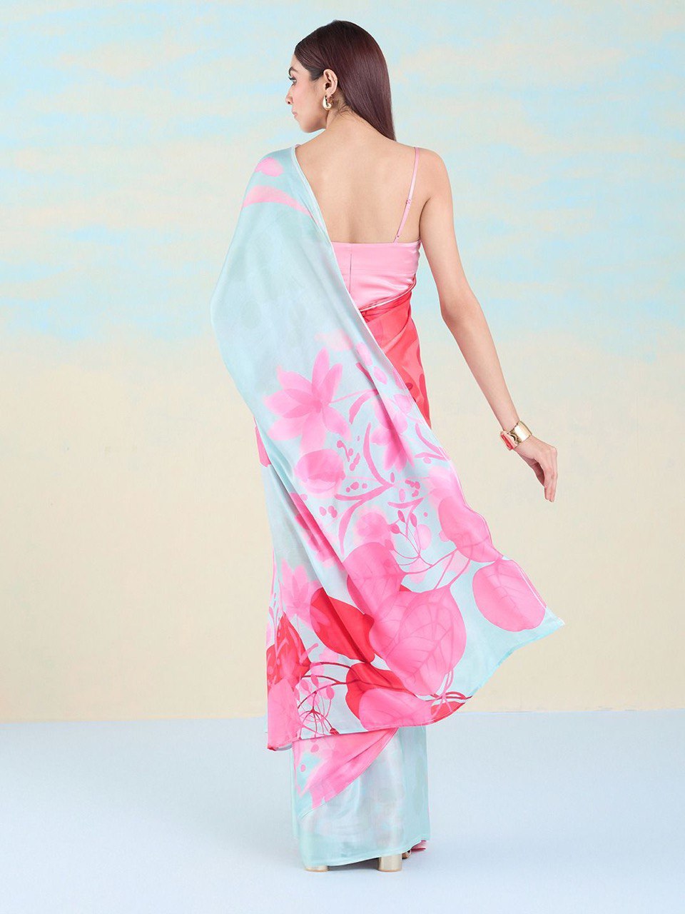 Floral Printed Heavy Satin Sarees With Plain Blouse