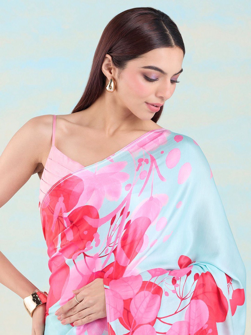 Floral Printed Heavy Satin Sarees With Plain Blouse