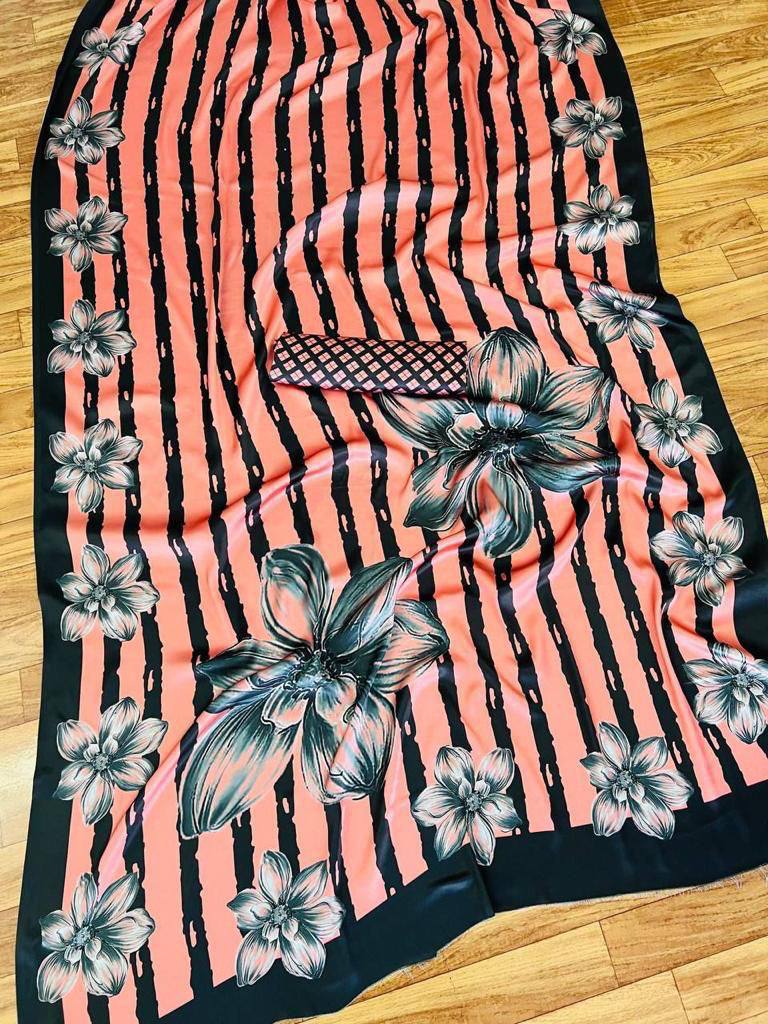 Floral Printed Heavy Japan Satin Saree With Printed Blouse