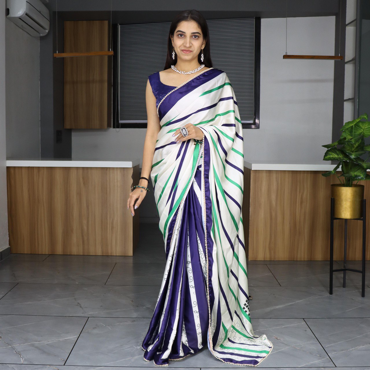 Pure Japan Satin Sarees With Pearl Lace Border