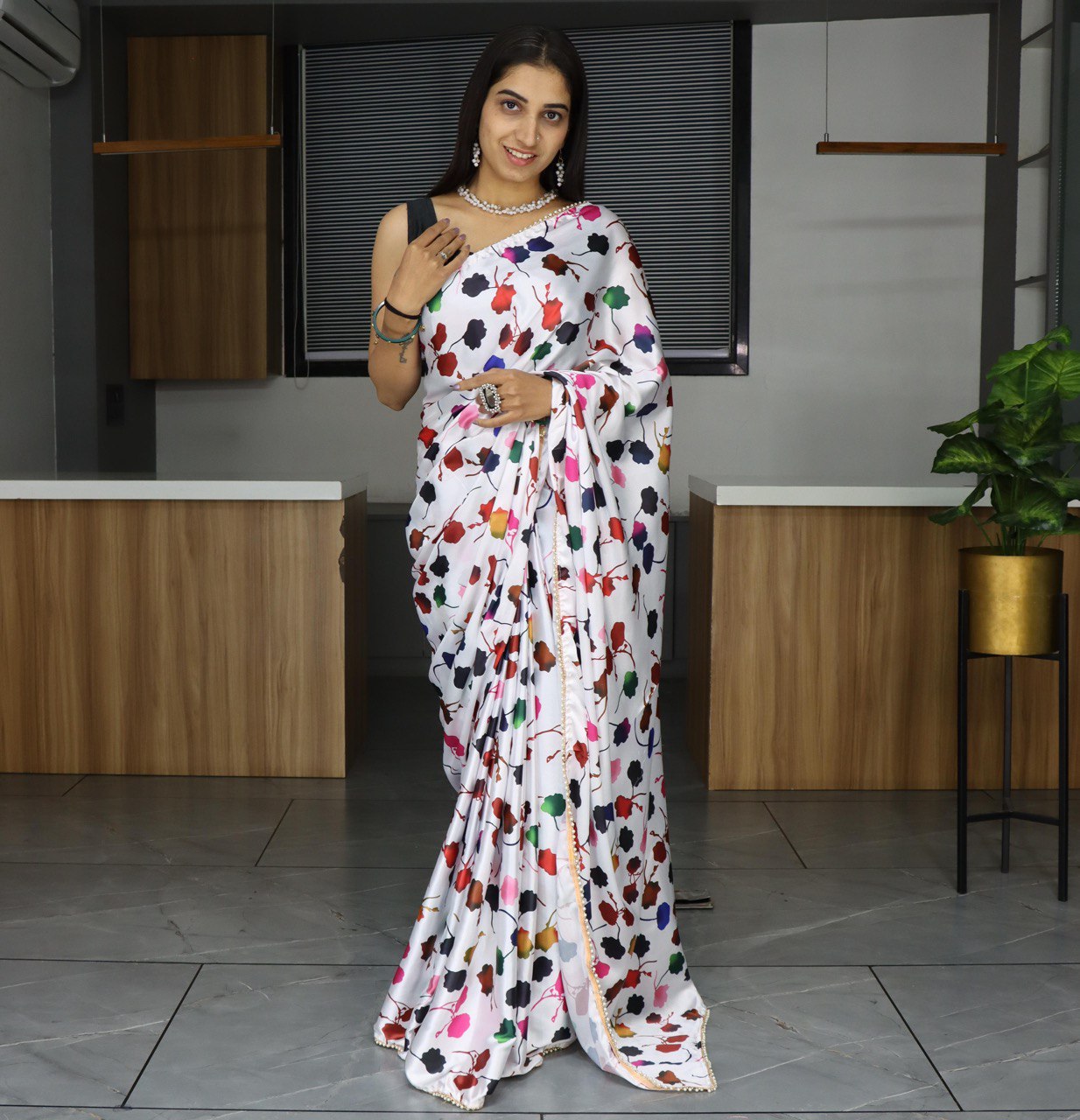 Pure Japan Satin Sarees With Pearl Lace Boder