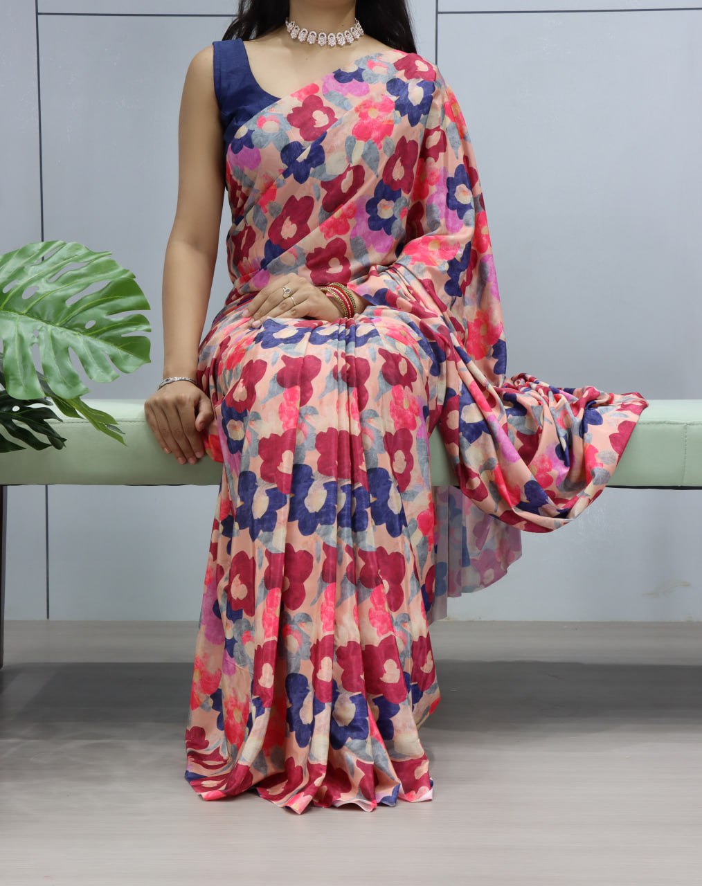 Floral Printed Silk Crape Saree With Unstitched Blouse