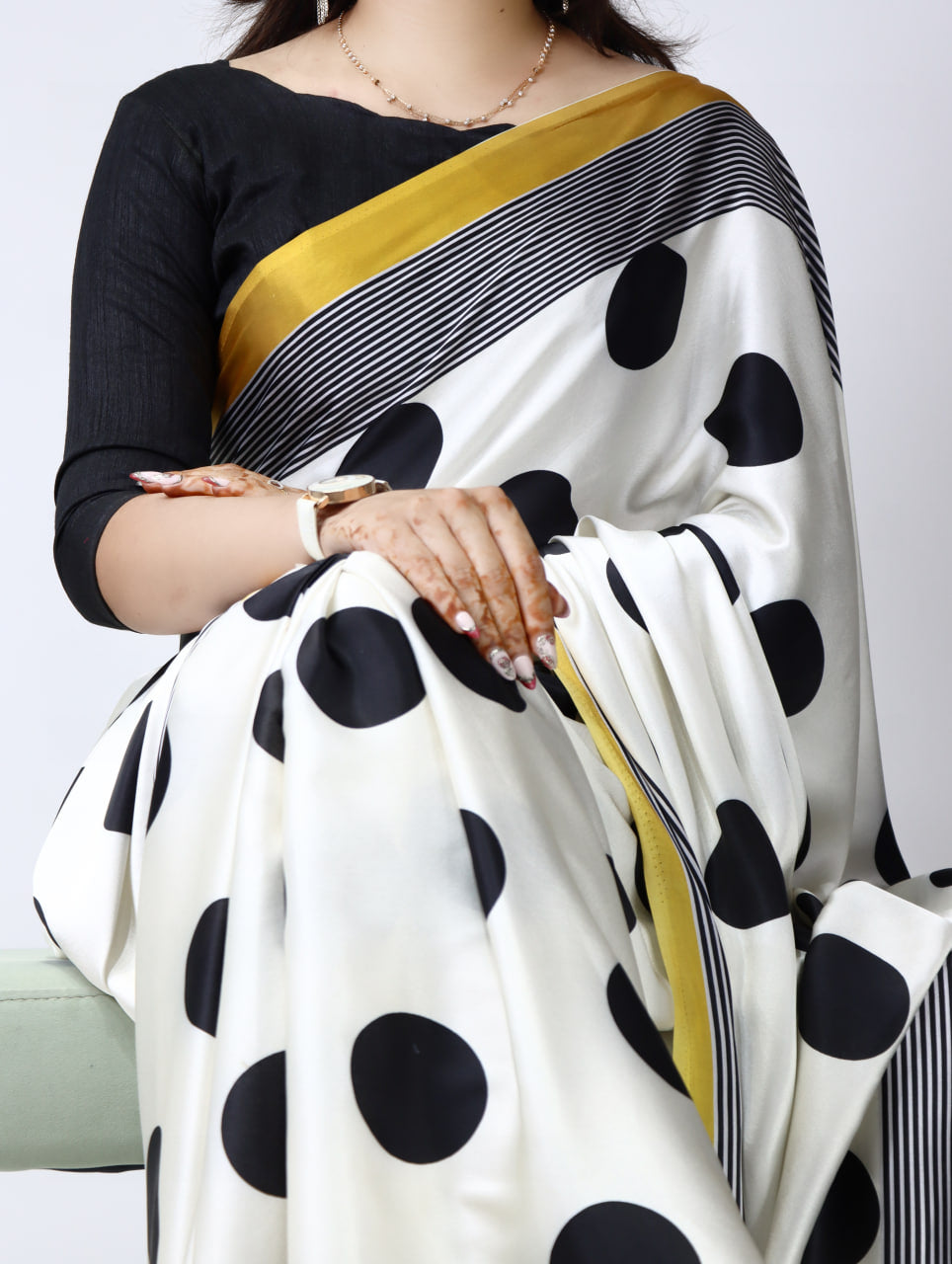 Polka Dot Premium Satin Sarees With Plain Blouse