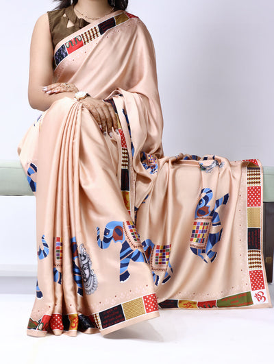 Prints Premium Satin Sarees With Plain Blouse
