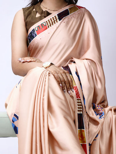 Prints Premium Satin Sarees With Plain Blouse