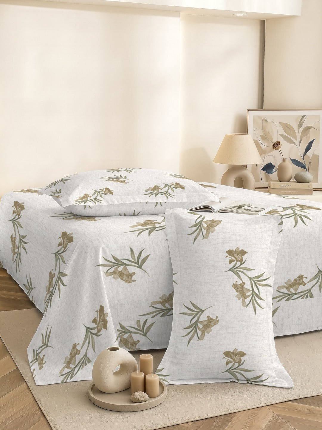 Petal 100% Pure Cotton Collection Premium Percale Queen Bedsheet With 2 Pillow Covers