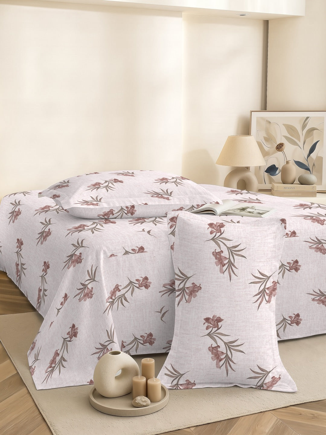 Petal 100% Pure Cotton Collection Premium Percale Queen Bedsheet With 2 Pillow Covers