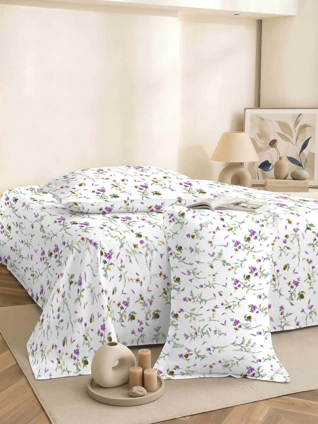 Petal 100% Pure Cotton Collection Percale Super King Bedsheet With 2 Pillow Covers