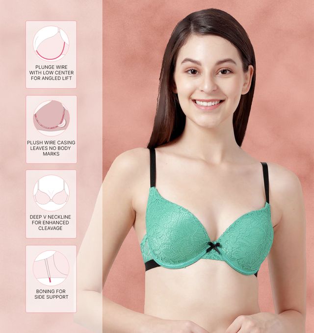 Susie Half Coverage Green Lace Black Strap Padded Adjustable, Non Detacahable wired Plunge Bra