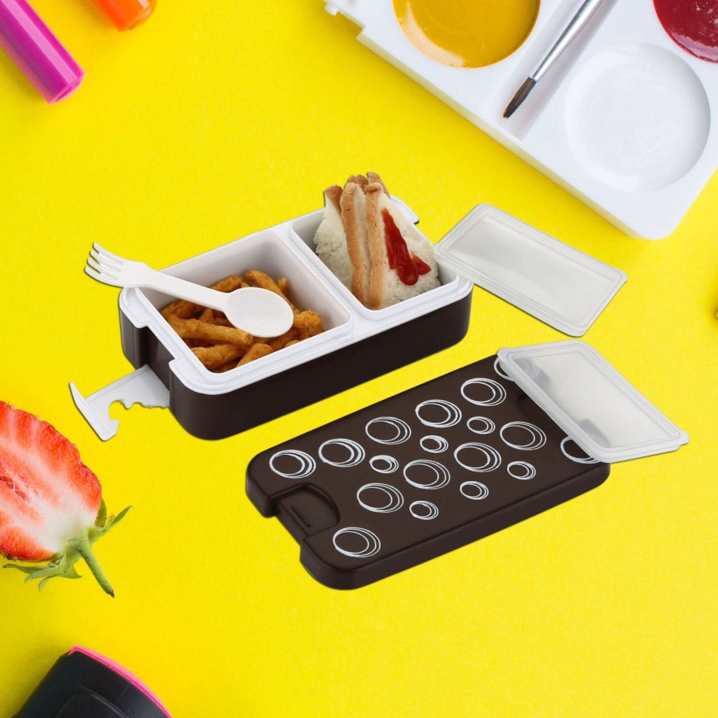 Airtight Lunch Box 2 Compartment Lunch Box Leak Proof Food Grade Material Lunch Box Modern Appearance Compact Lunch Box With Spoon