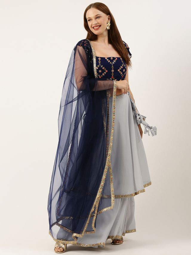 Bollywood Vogue Ready To Wear Silver N Royal Blue Georgette Embroidered Lehenga